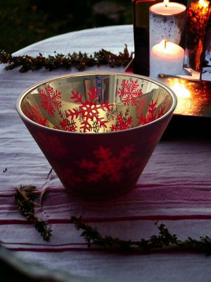 8" Ruby Red Decorative Serving Bowl Centerpiece Frosted Glass with Snowflakes