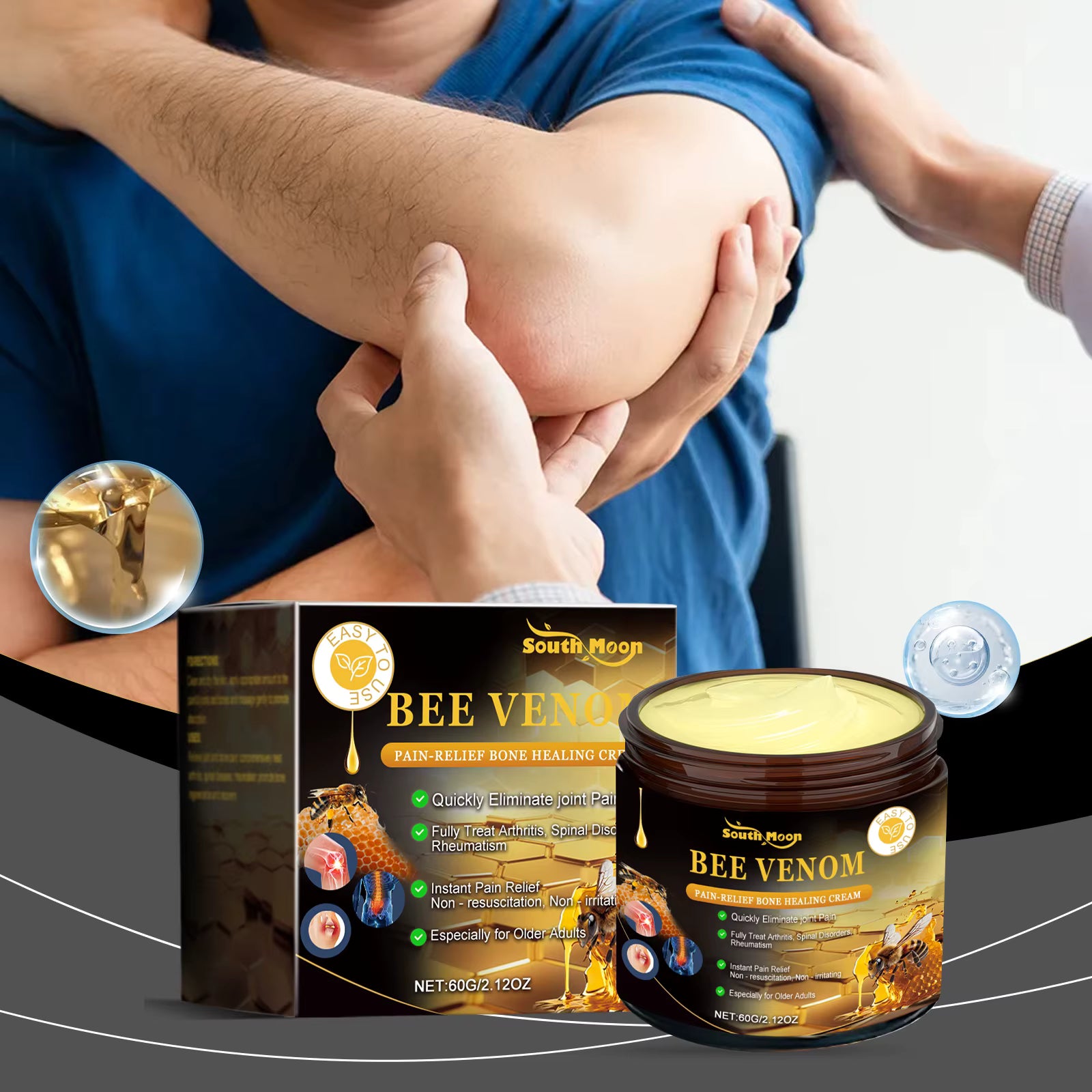 Bee Venom Joint Relief Cream (2-Pack) - 60g Natural Pain Relief Cream with Honey & Glycerin for Arthritis, Muscle Pain & Joint Stiffness