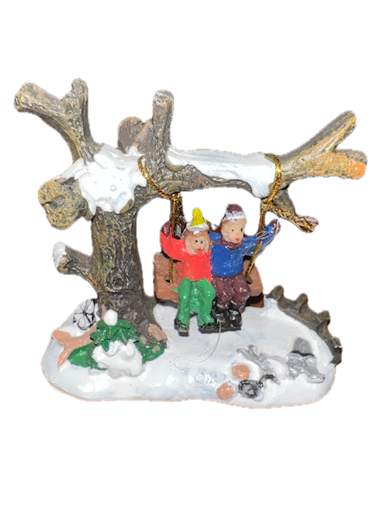 Enchanting Vintage Miniature: Boy & Girl on a Swing in the Snow - Christmas Village Decoration