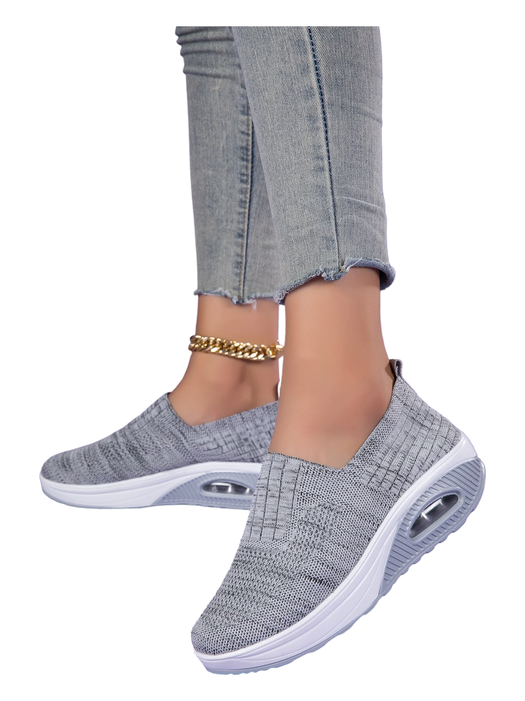 Women’s Walking Shoes - Mesh Air Cushion Slip-On Platform Wedge Rocker Shoes, Gray, Size 9.5