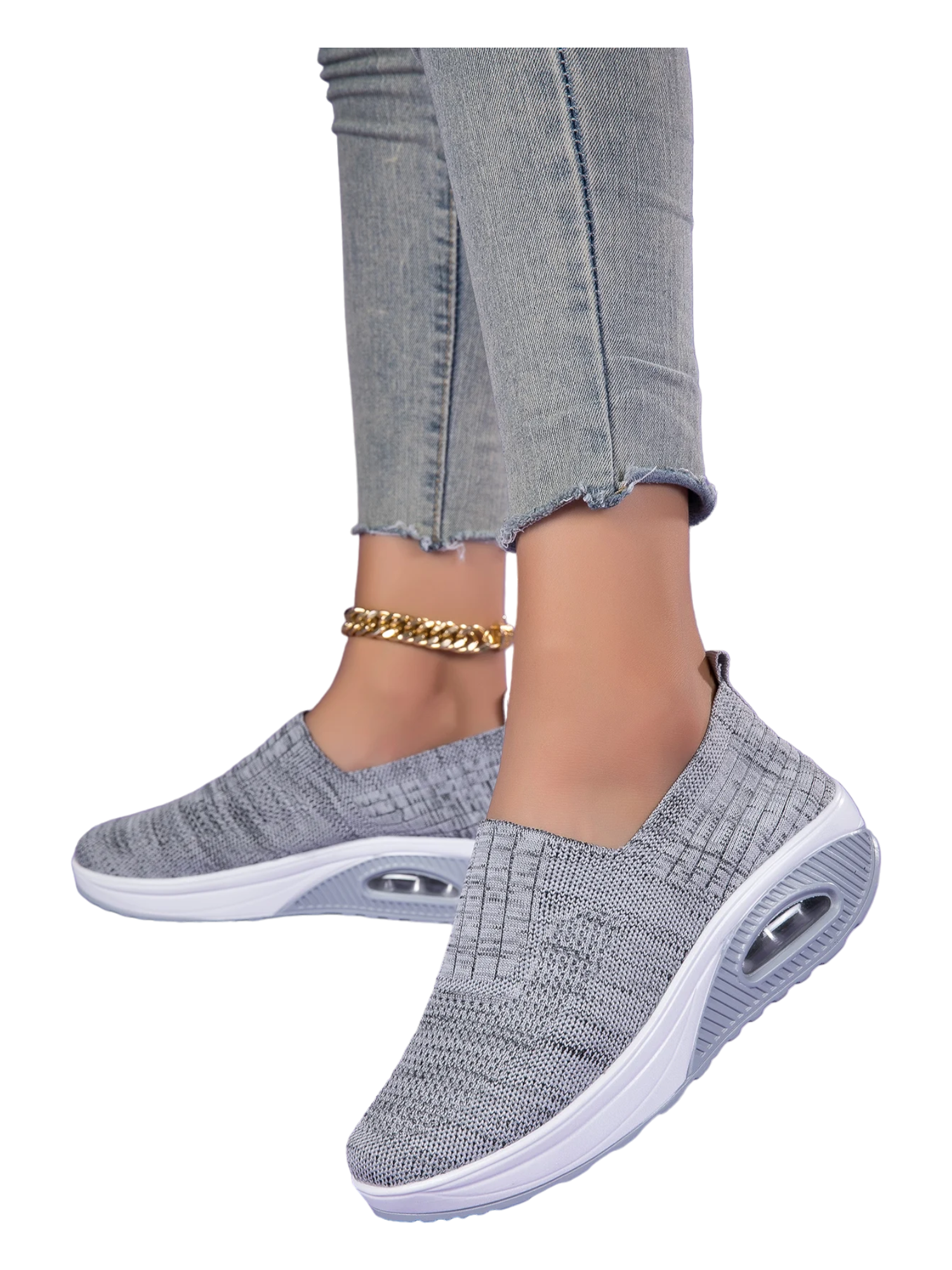 Women’s Walking Shoes - Mesh Air Cushion Slip-On Platform Wedge Rocker Shoes, Gray, Size 9.5
