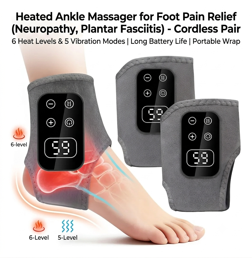 Heated Foot and Ankle Massager for Neuropathy and Plantar Fasciitis, Cordless Foot Massager with Heat and Vibration, Portable Wrap for Home, Office, and Travel (Grey, 2-Piece Set)