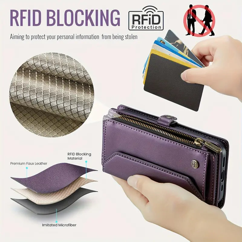 RFID Blocking Crossbody Wallet Phone Case for iPhone 15/14/13/12 Pro, 11/12/13/14/15/16e/XR | Wireless Charging Flip PU Leather Kickstand Card Holder