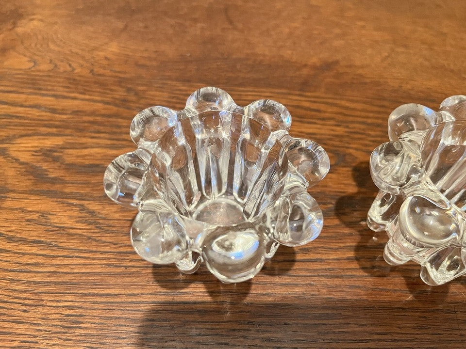 Set of 2 Vintage KIG Indonesia Pressed Glass Taper Candle Holders - Clear Ribbed Flower Design