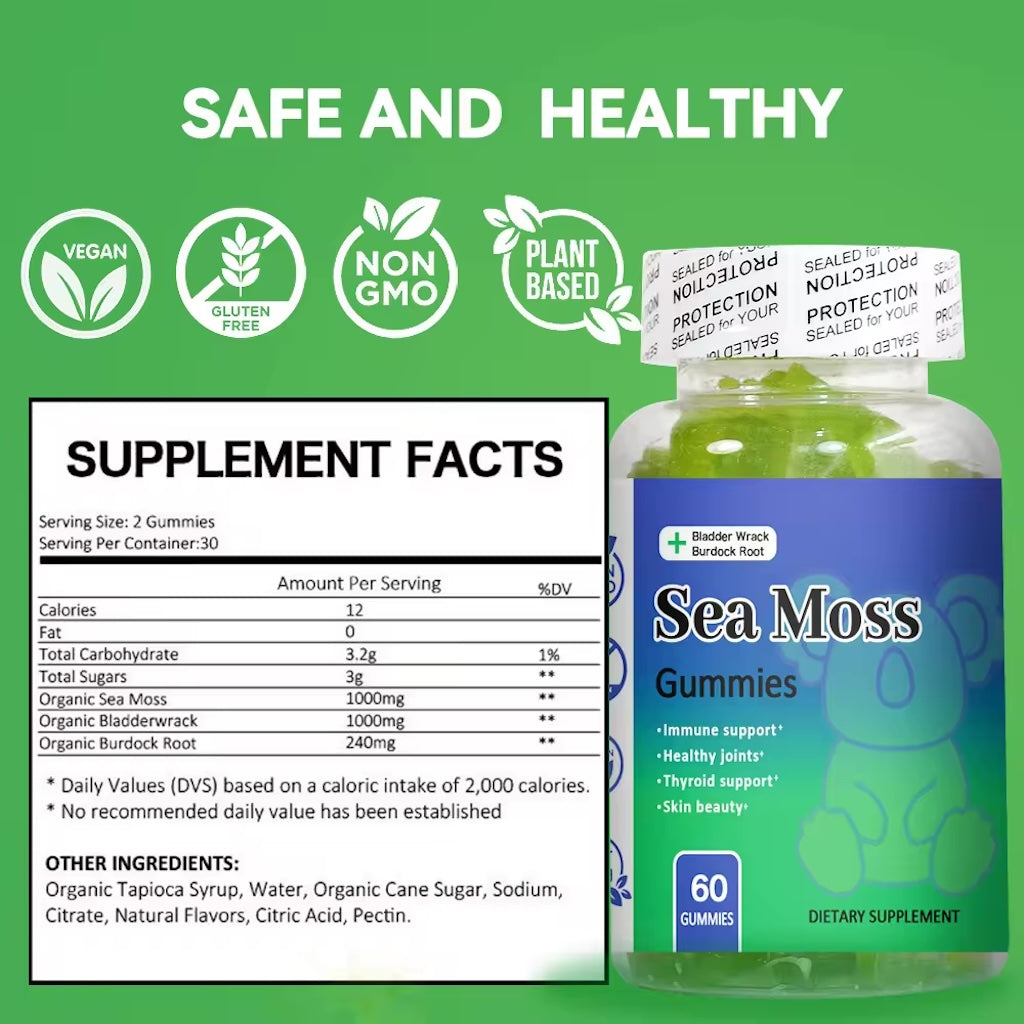 Sea Moss Gummies with Burdock Root and Bladderwrack Supports Immunity Skin & Joint Health – 60 Vegan Gummies