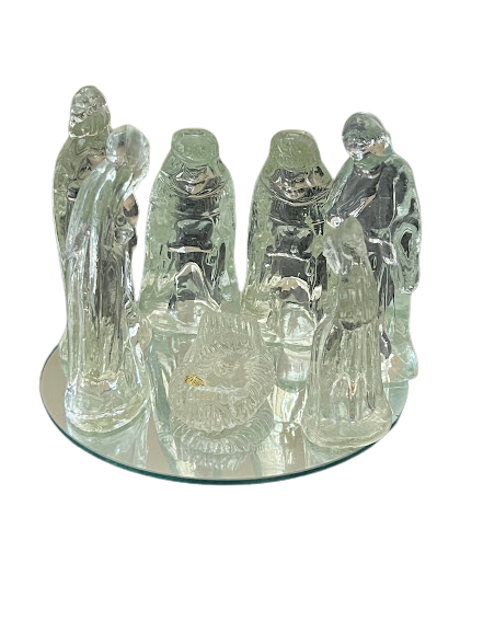 7-Piece Sparkling Vintage 1980s Clear Glass Nativity Set with Mirror Base - Windsor Collection