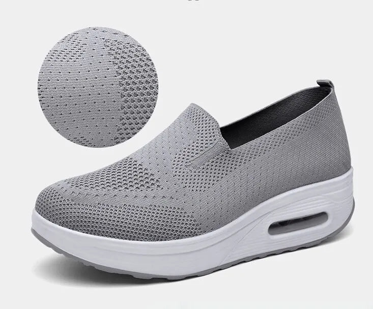 Women’s Walking Shoes - Mesh Air Cushion Slip-On Platform Wedge Rocker Shoes, Gray, Size 9.5