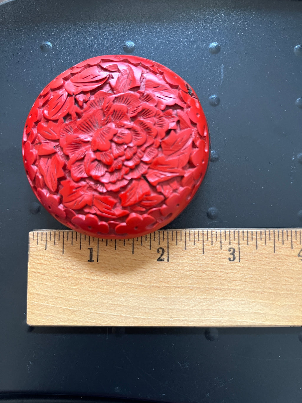 Vintage Chinese Hand-Carved Round Cinnabar Lacquer Trinket Box: Peony of Prosperity