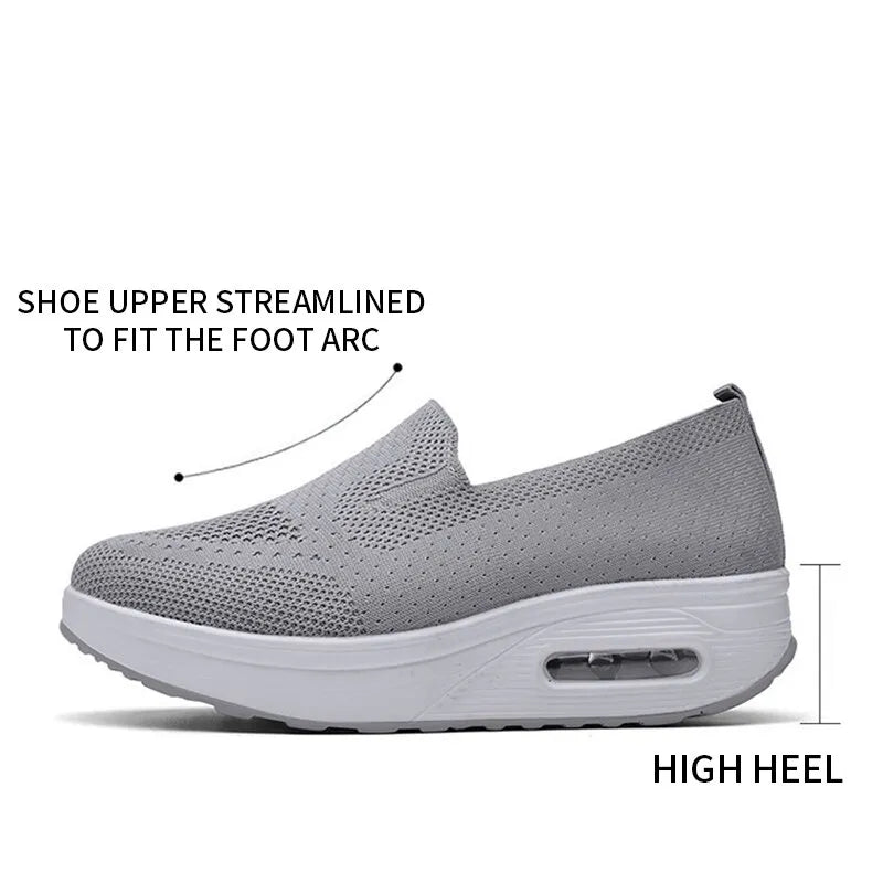 Women’s Walking Shoes - Mesh Air Cushion Slip-On Platform Wedge Rocker Shoes, Gray, Size 9.5