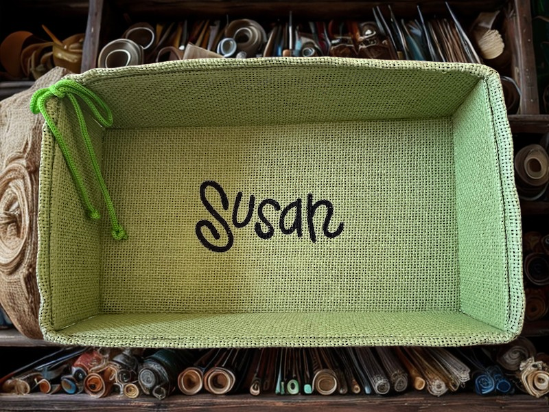Handcrafted Jute Basket with Personalized Script Name "Susan", 12.2x6.5x3.4 in