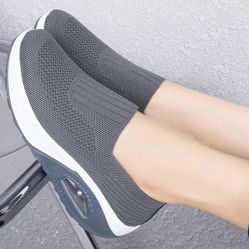 Women’s Walking Shoes - Mesh Air Cushion Slip-On Platform Wedge Rocker Shoes, Gray, Size 9.5