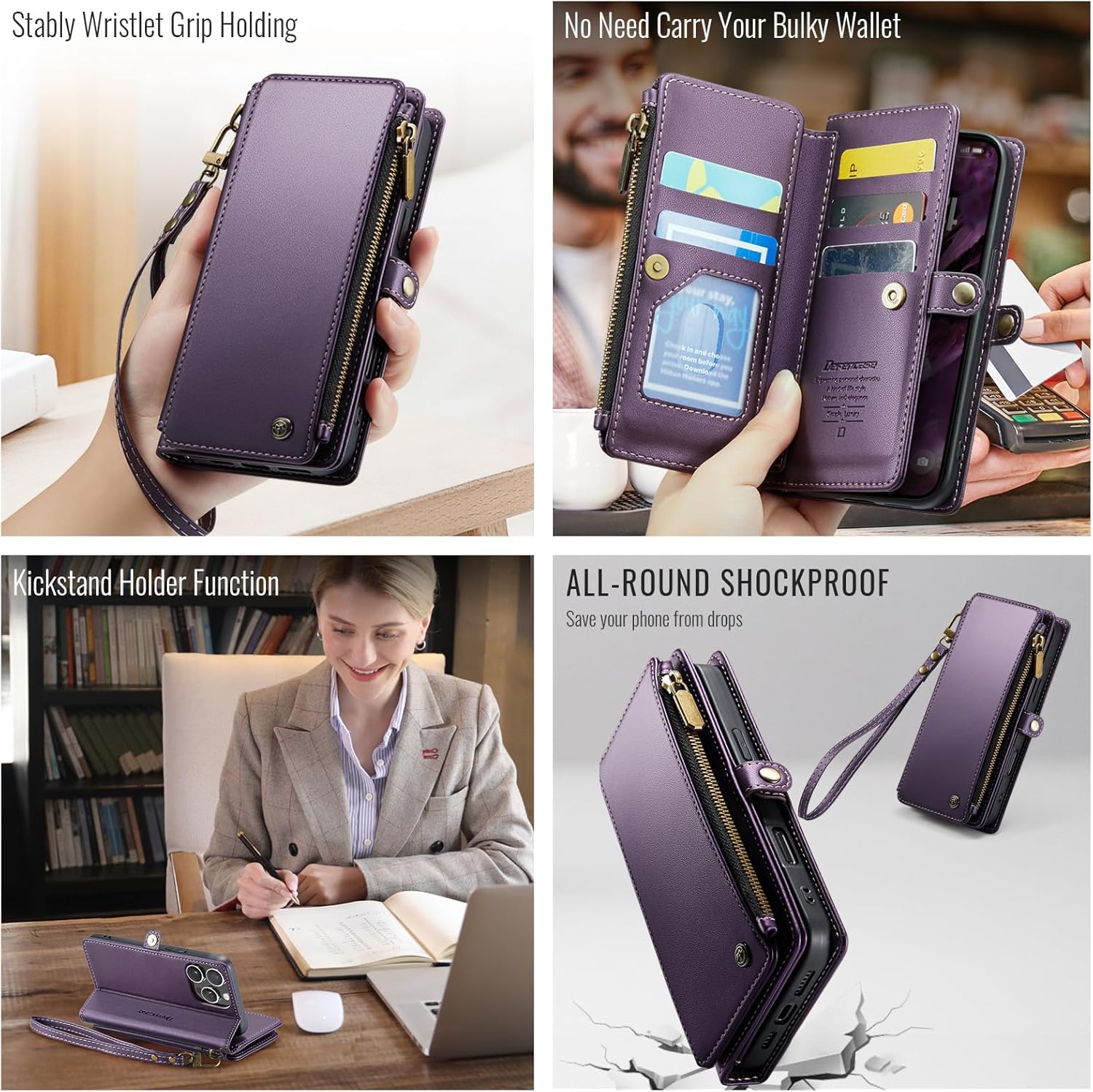 RFID Blocking Crossbody Wallet Phone Case for iPhone 15/14/13/12 Pro, 11/12/13/14/15/16e/XR | Wireless Charging Flip PU Leather Kickstand Card Holder
