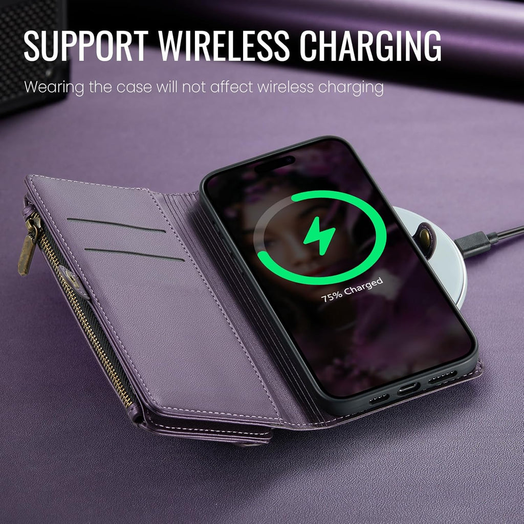 RFID Blocking Crossbody Wallet Phone Case for iPhone 15/14/13/12 Pro, 11/12/13/14/15/16e/XR | Wireless Charging Flip PU Leather Kickstand Card Holder