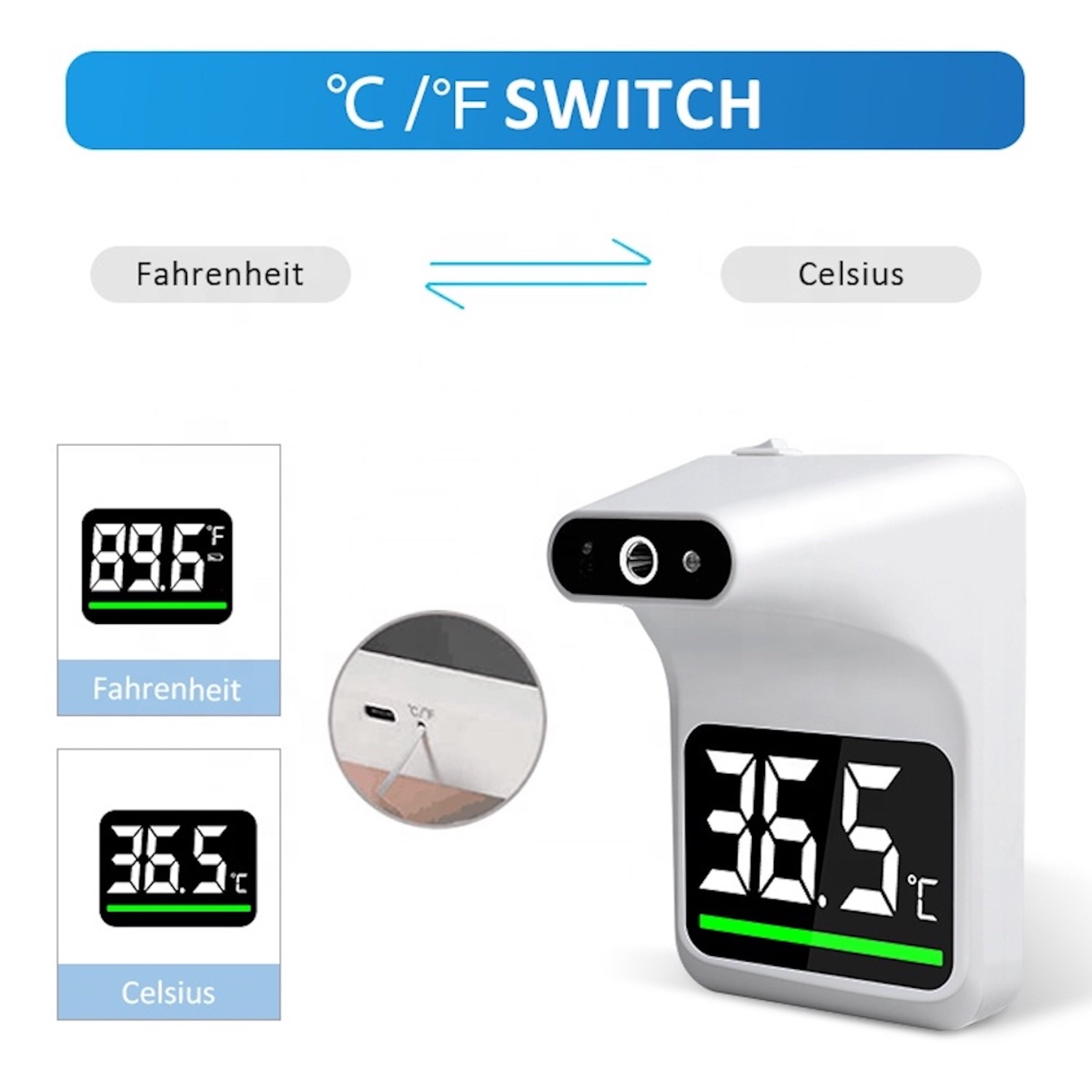 Wall-Mounted No-Contact Infrared Thermometer with Fever Alarm & LCD Display, White