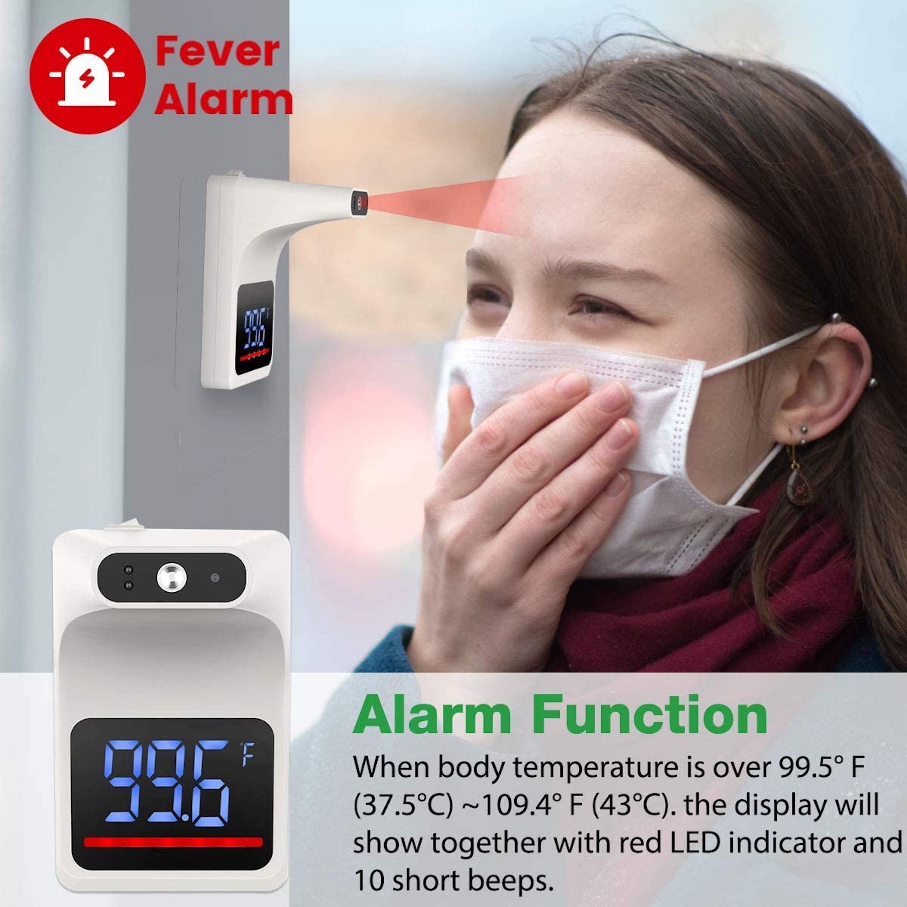 Wall-Mounted No-Contact Infrared Thermometer with Fever Alarm & LCD Display, White