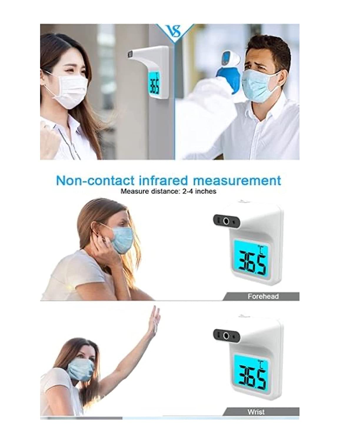 Wall-Mounted No-Contact Infrared Thermometer with Fever Alarm & LCD Display, White