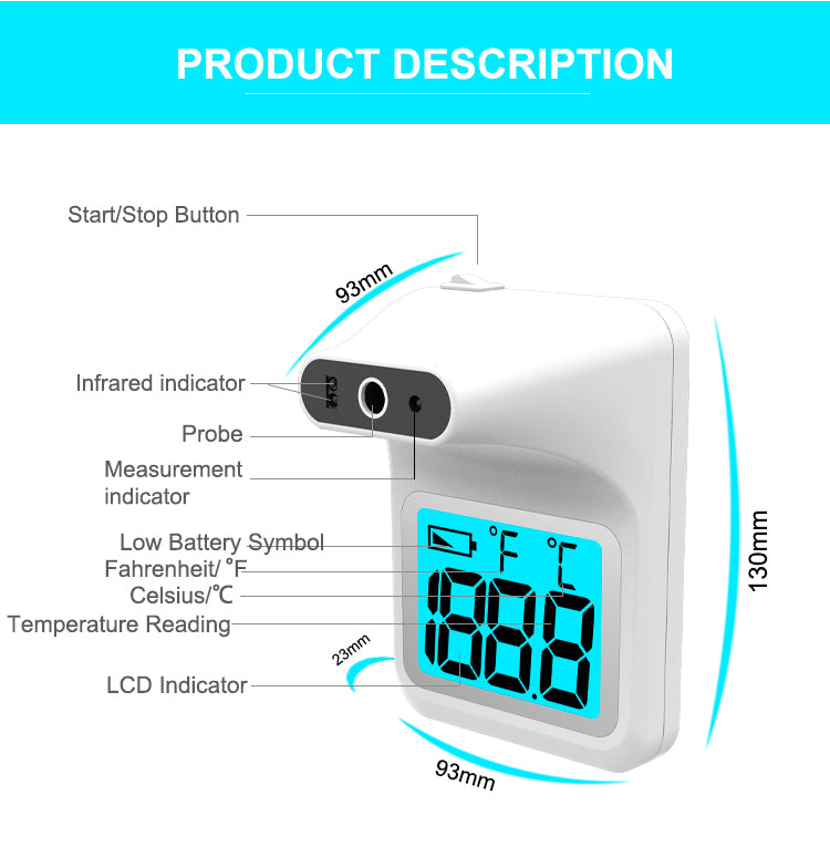 Wall-Mounted No-Contact Infrared Thermometer with Fever Alarm & LCD Display, White