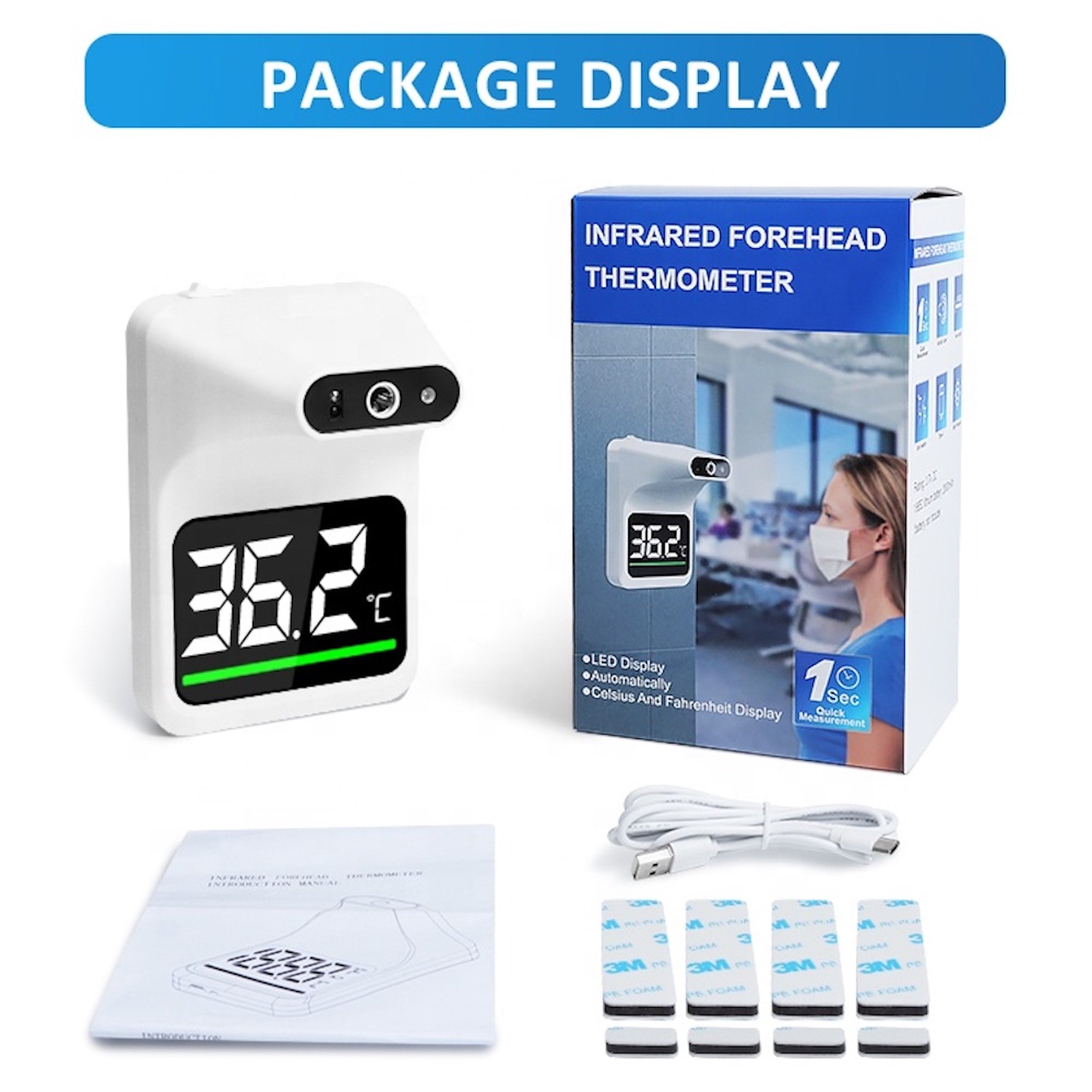 Wall-Mounted No-Contact Infrared Thermometer with Fever Alarm & LCD Display, White