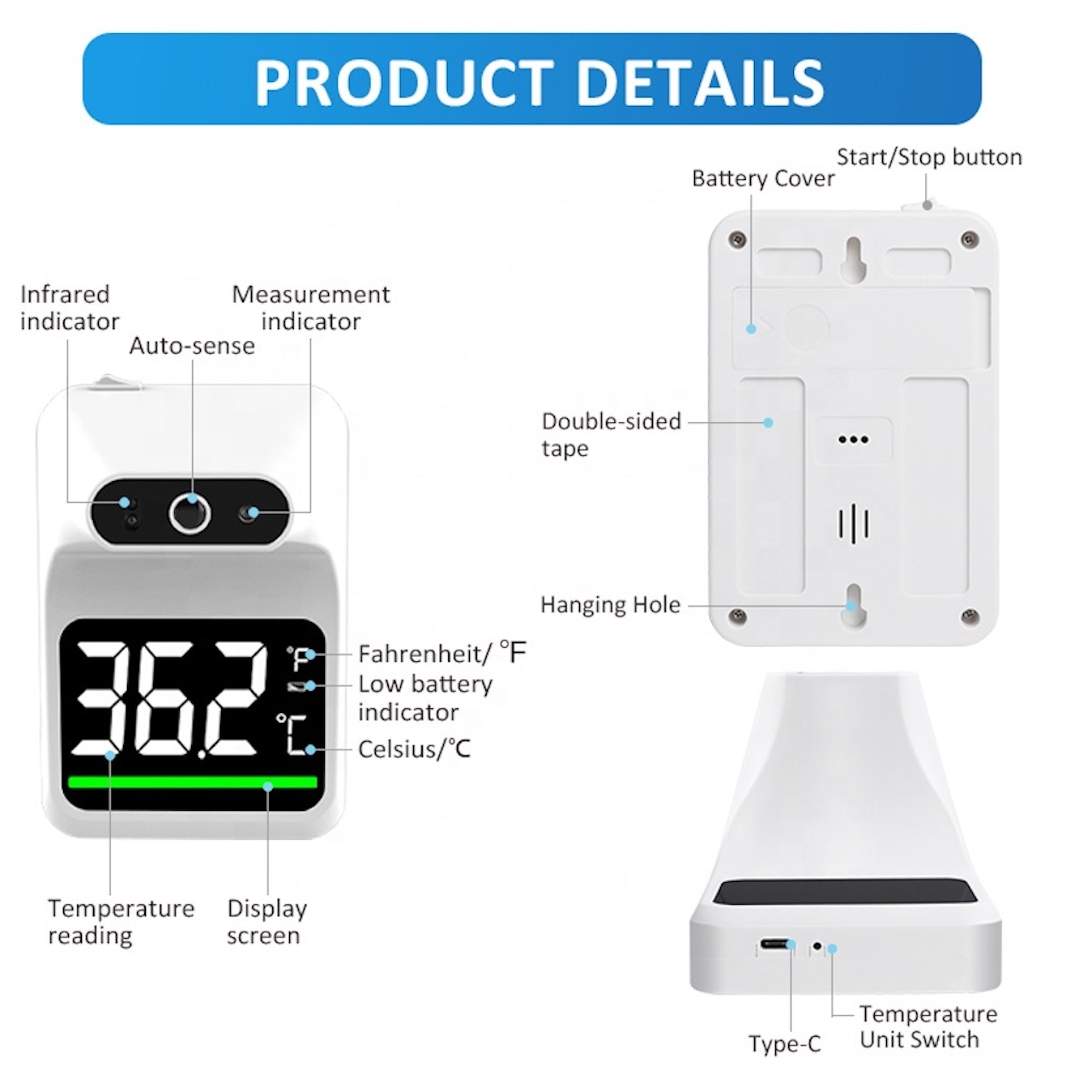Wall-Mounted No-Contact Infrared Thermometer with Fever Alarm & LCD Display, White